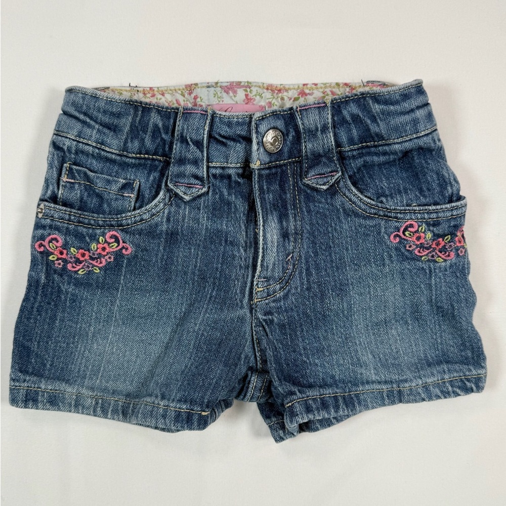 LEVI’S Girls Denim Shorts Floral Lined Embroidered Pockets Medium‎ Wash Size 3T